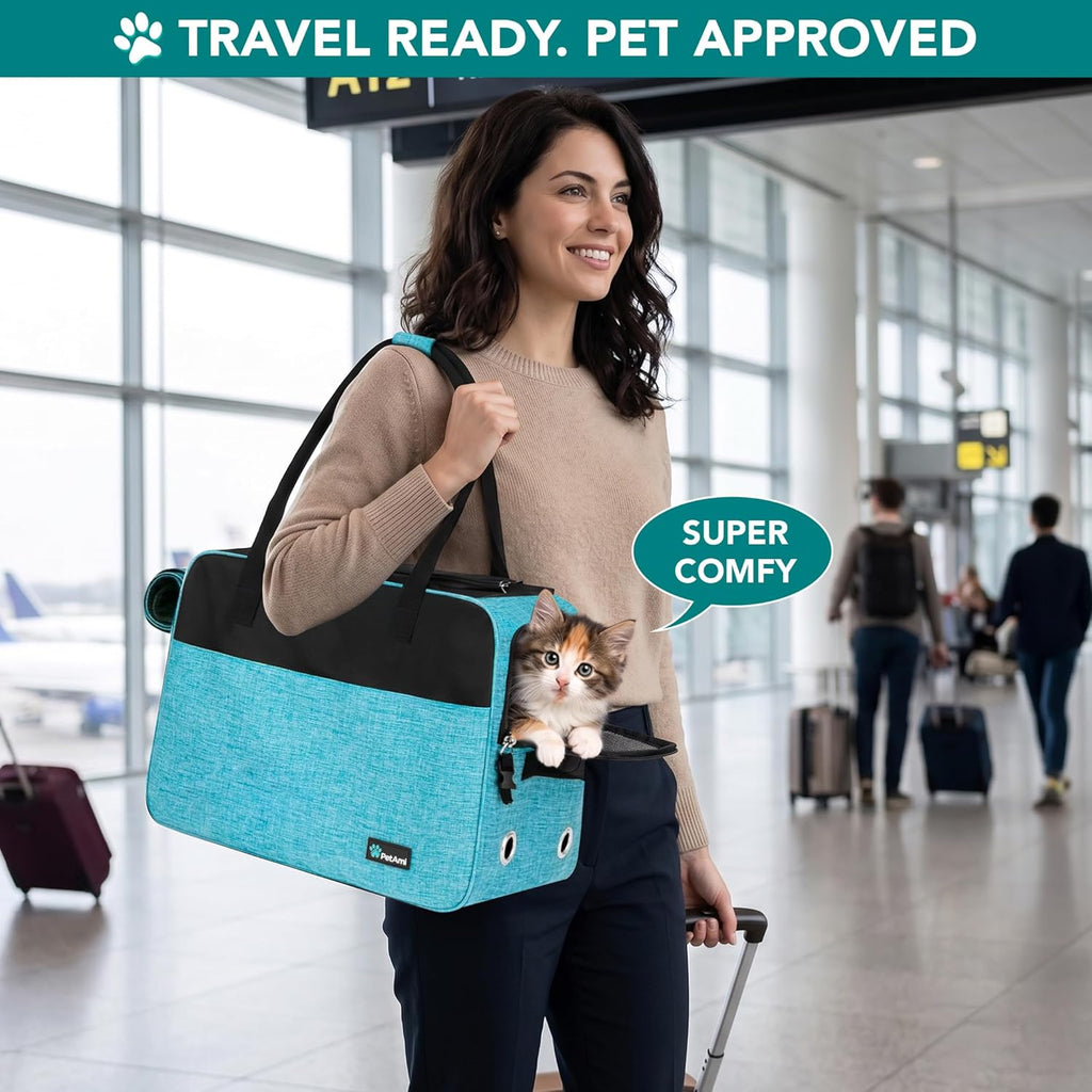 Petami Dog Purse Carrier for Small Dogs Cats, TSA Airline Approved Soft-Sided Pet Carrier with Pockets, Ventilated Travel Tote Bag with Bed & Shoulder Strap, Puppy Kitten, Max 12 Lbs, Turquoise