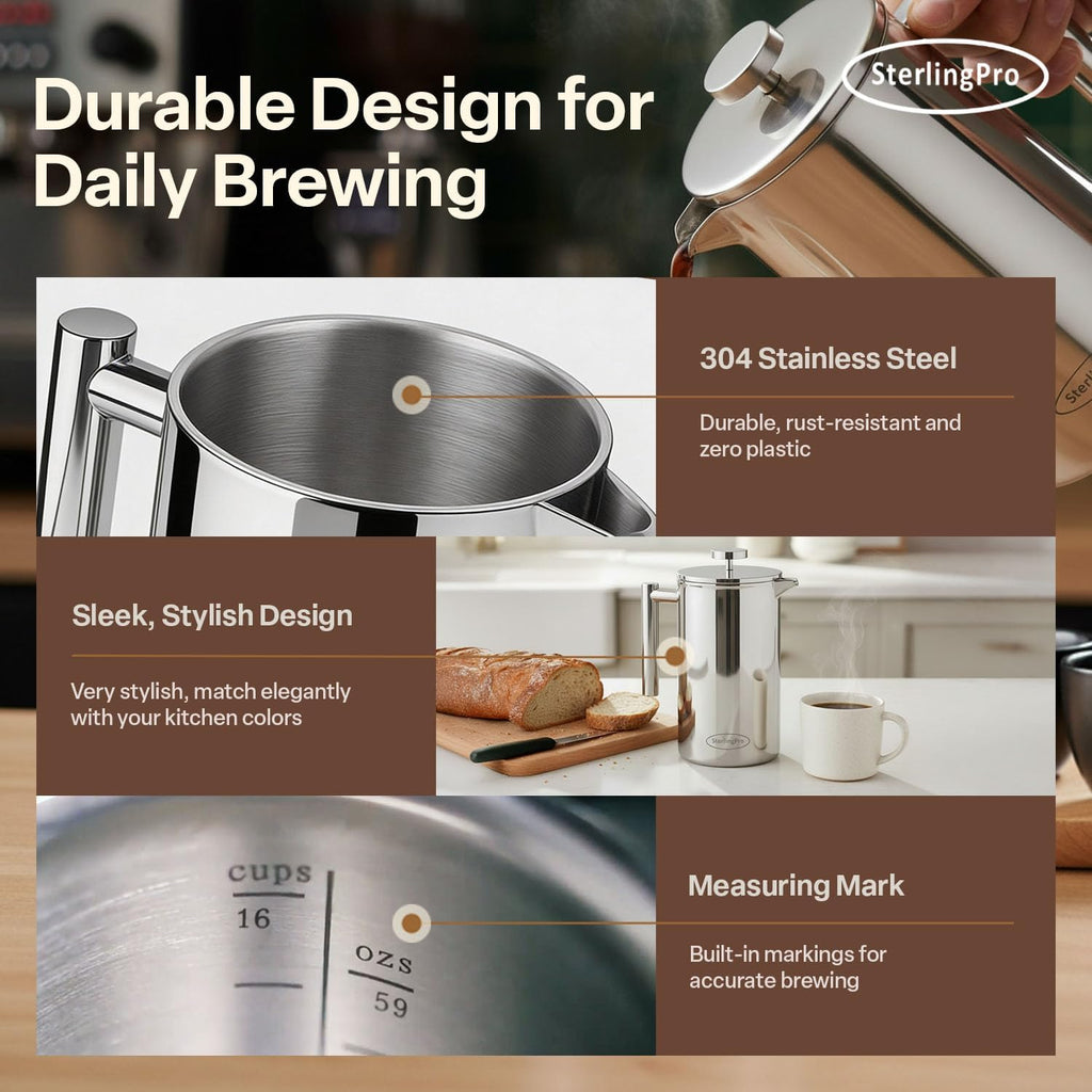 Sterlingpro Extra Large Insulated Stainless Steel French Press Coffee Maker 59Oz – Insulated Metal XL Double Wall Coffee Maker | Plastic Free | Cool-Touch | Mirror Finish | Makes up to 16 Cups /8 Mugs