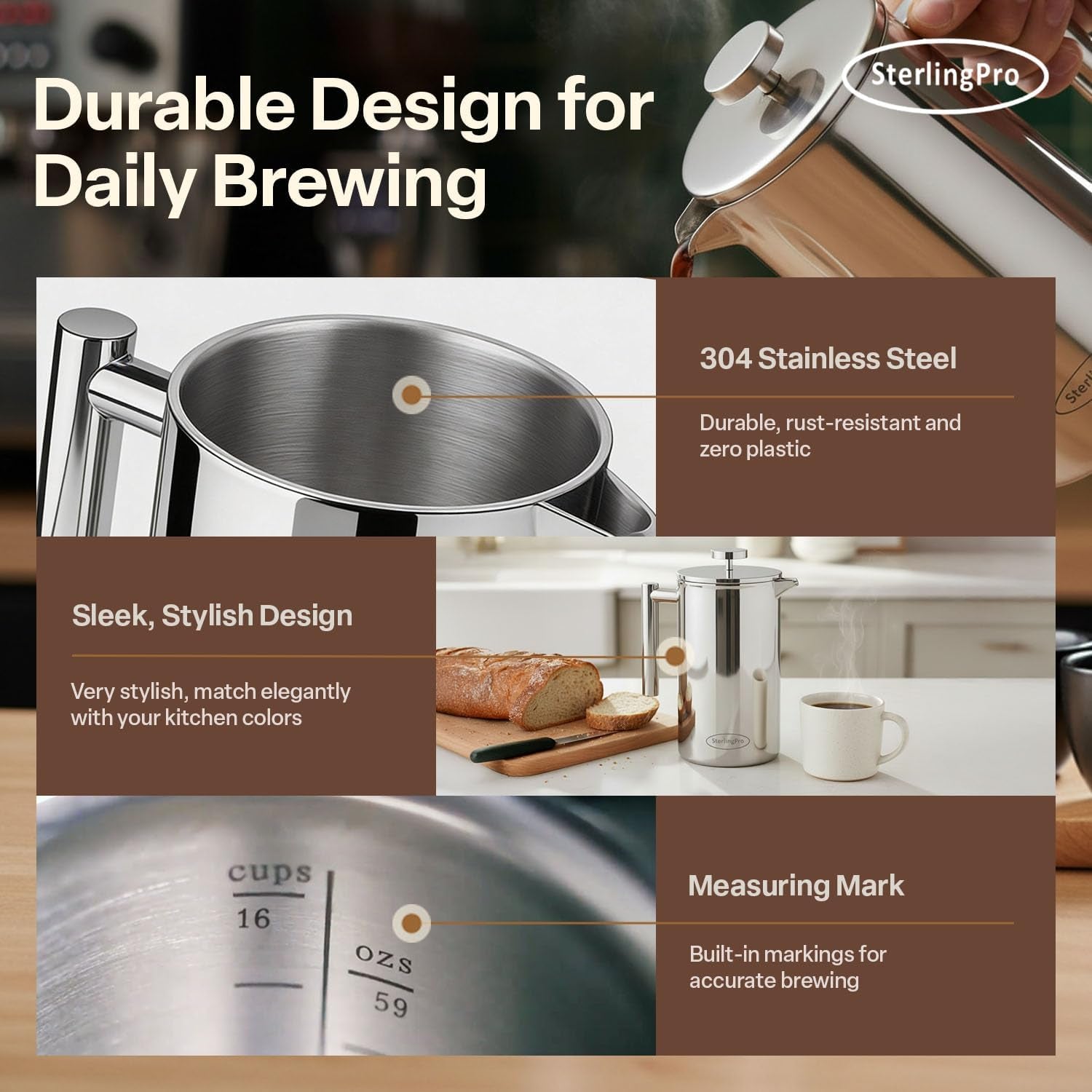 Sterlingpro Extra Large Insulated Stainless Steel French Press Coffee Maker 59Oz – Insulated Metal XL Double Wall Coffee Maker | Plastic Free | Cool-Touch | Mirror Finish | Makes up to 16 Cups /8 Mugs