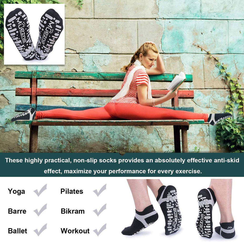 Muezna Non Slip Yoga Socks for Women, Anti-Skid Pilates, Barre, Hospital Socks with Grips, Size 5-10