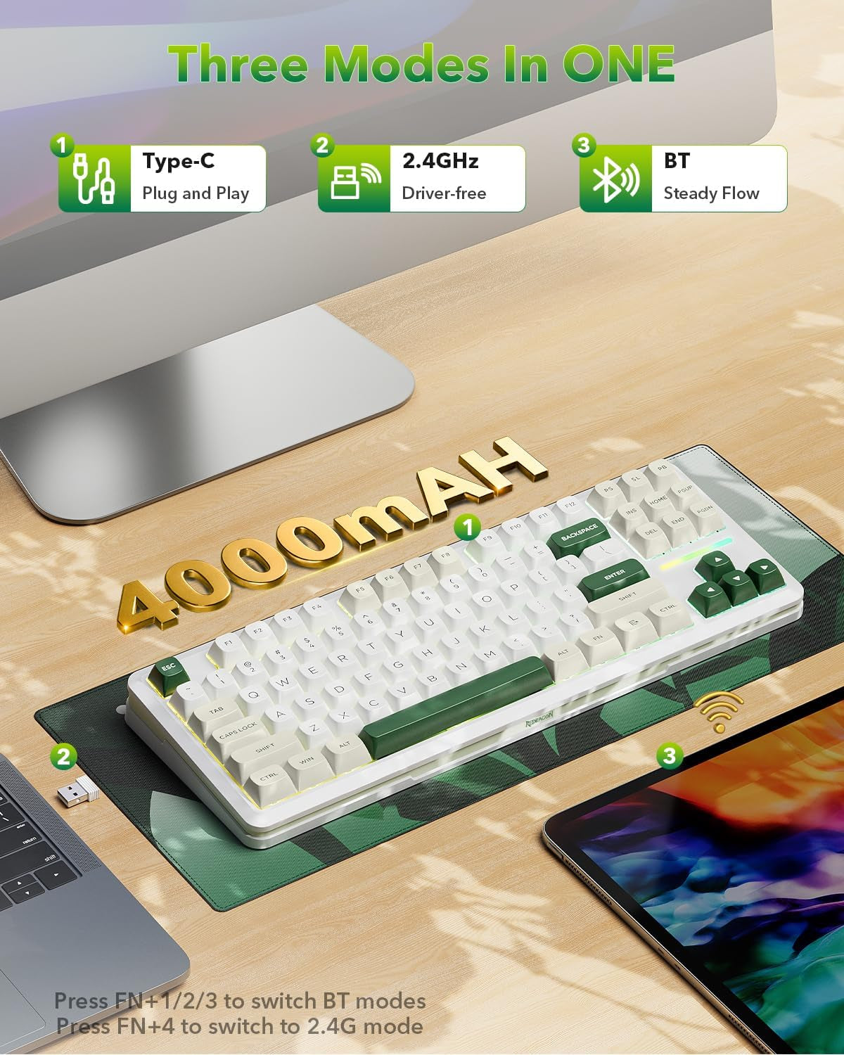 Redragon K734W Wireless Mechanical Keyboard, Tri Mode BT5.0/2.4G/USB-C 75% 81 Keys TKL Custom Hot Swappable Gaming Keyboard, Pre-Lubed Linear Switches,Rgb Gasket Computer Creamy Keyboard, for PC/MAC