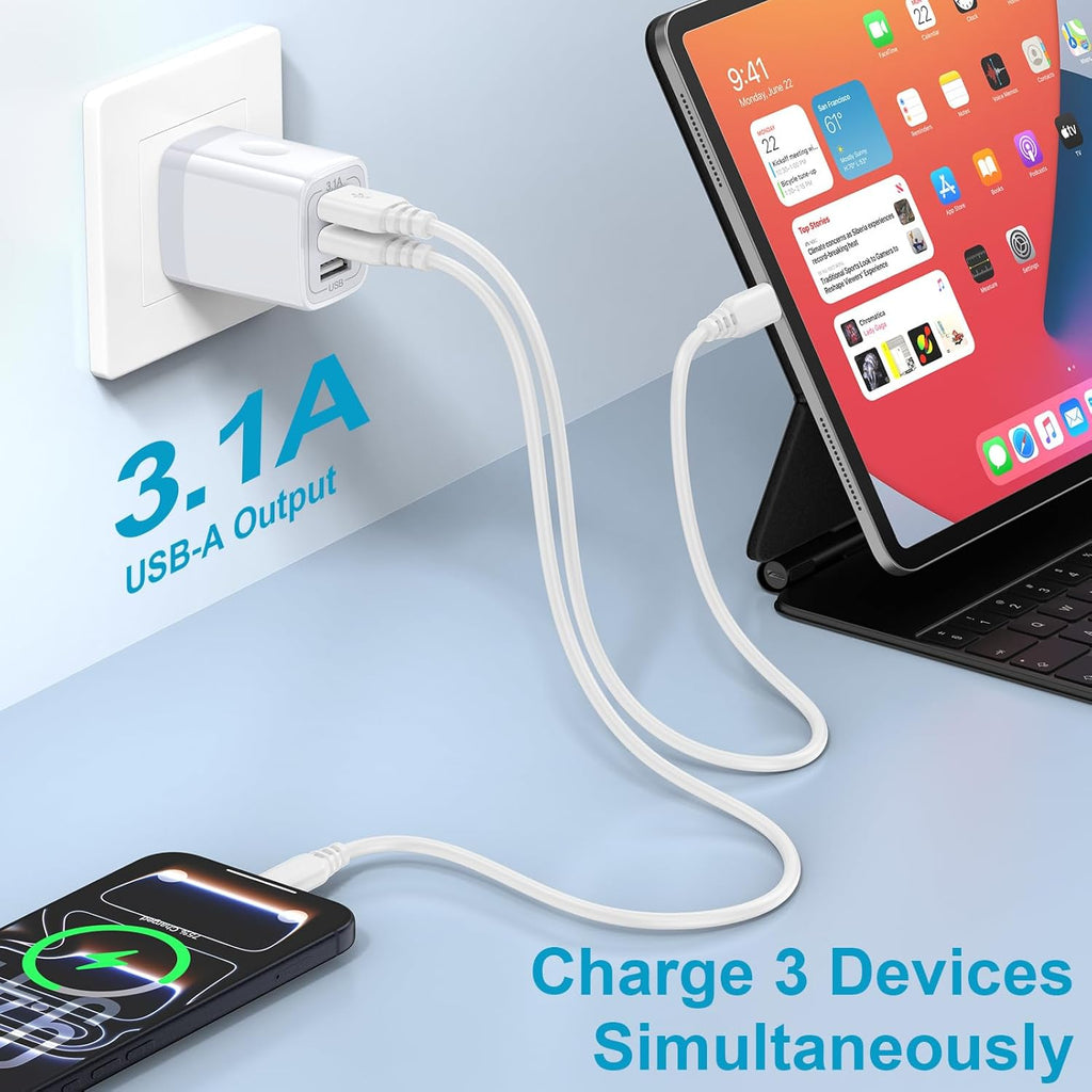 USB Wall Charger, Hootek 2Pack Wall Plug 3-Port USB Charging Station 3.1A Power Adapter Multi Port Quick Charger Block Cube for Iphone 17 16 15 14 13 12 11 Pro XS MAX 8 Ipad Samsung Galaxy S25 S24 S23