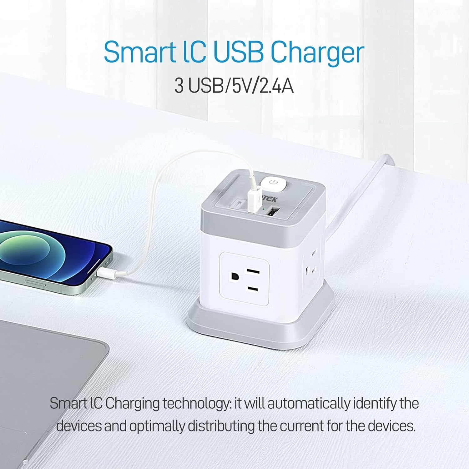 Power Bar with USB, FDTEK Flat Plug Extension Cord with 4 Outlets and 3 USB Ports, 5 FT Power Cord Desktop Charging Station, Overload Protection, Compact Portable for Travel Home Office Cruise Ship