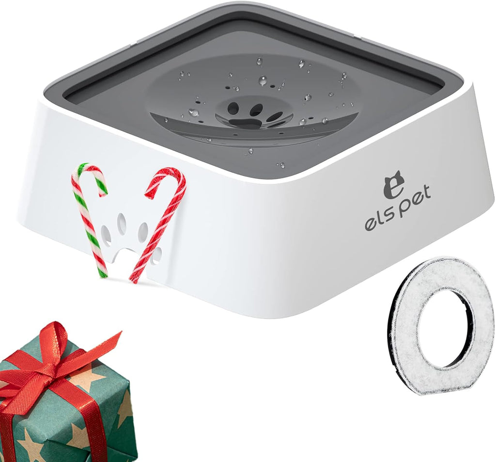 ELS PET No Spill Slow Water Feeder - Large Capacity 70Oz/2L Travel Bowl for Dogs & Cats Anti-Gulping, Keeps Floor & Beard Dry, Dishwasher Safe, Activated Carbon Filter Included (Grey)