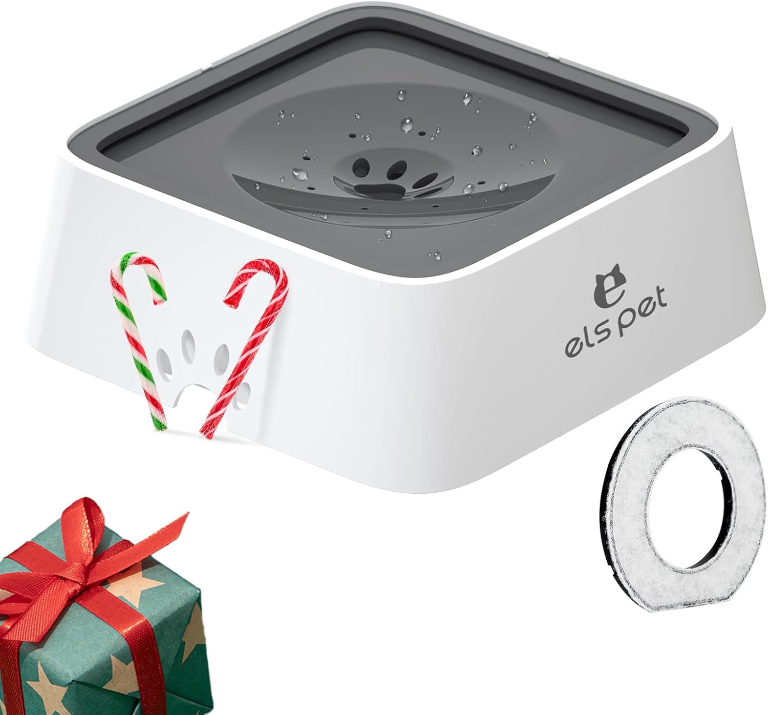 ELS PET No Spill Slow Water Feeder - Large Capacity 70Oz/2L Travel Bowl for Dogs & Cats Anti-Gulping, Keeps Floor & Beard Dry, Dishwasher Safe, Activated Carbon Filter Included (Grey)
