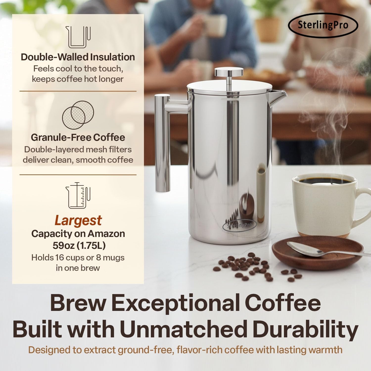 Sterlingpro Extra Large Insulated Stainless Steel French Press Coffee Maker 59Oz – Insulated Metal XL Double Wall Coffee Maker | Plastic Free | Cool-Touch | Mirror Finish | Makes up to 16 Cups /8 Mugs
