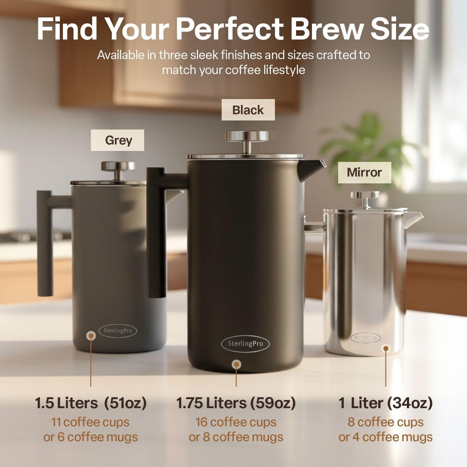 Sterlingpro Extra Large Insulated Stainless Steel French Press Coffee Maker 59Oz – Insulated Metal XL Double Wall Coffee Maker | Plastic Free | Cool-Touch | Mirror Finish | Makes up to 16 Cups /8 Mugs