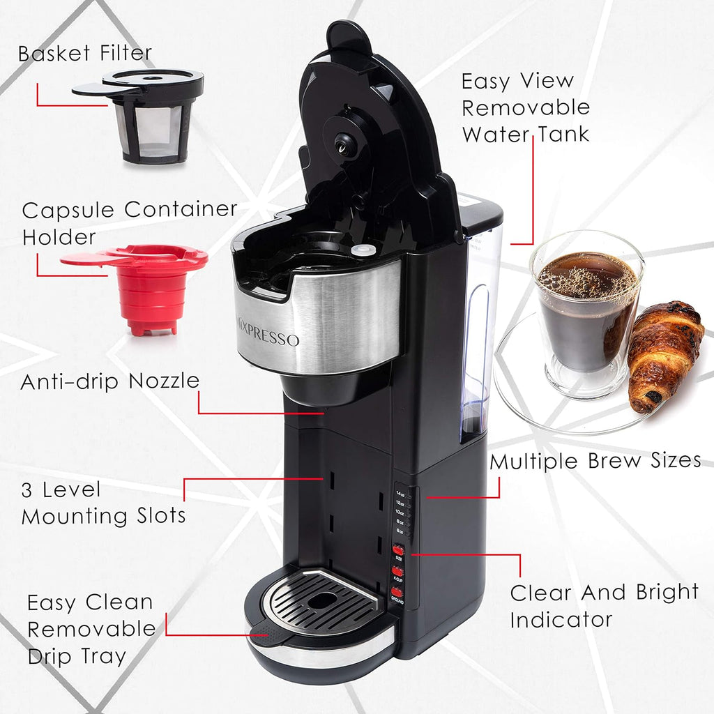 Mixpresso Black Single Serve Coffee Brewer K-Cup Pods Compatible & Ground, 30 Oz Compact Coffee Maker Single Serve with 5 Brew Sizes up to 14 Oz, Fits Travel Mug, Adjustable Drip Tray