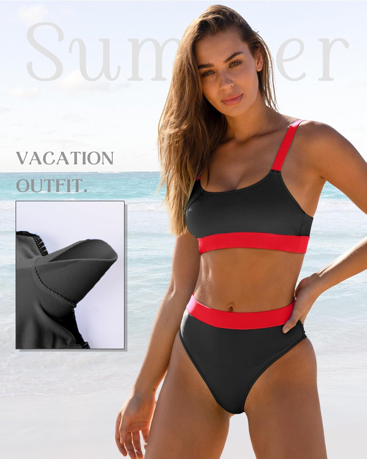 ZINPRETTY Women High Waisted Bikini Sets Color Block Swimsuits 2 Piece Bathing Suits Tummy Control Sporty Teens