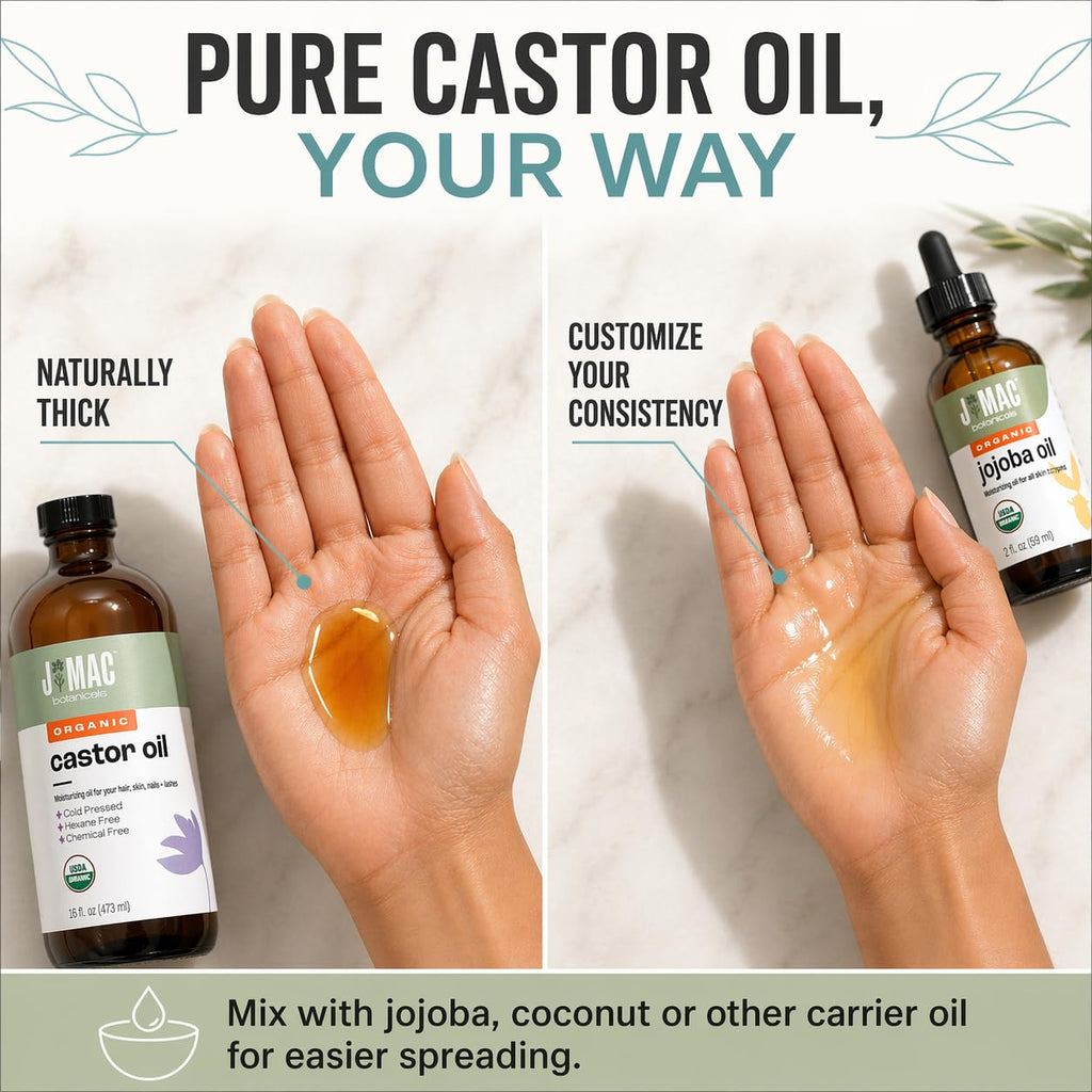 J MAC BOTANICALS Organic Castor Oil Cold Pressed in Amber Glass Bottle (16 Oz) USDA Certified, Hexane Free - Moisturizing Oil for Hair, Skin, Face, Eyelashes, Brows, Nails, and Castor Wraps