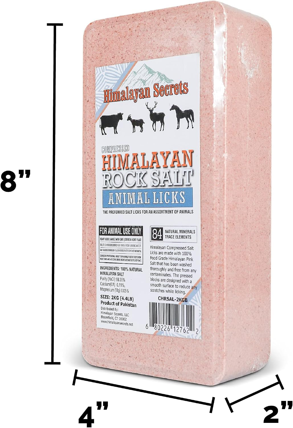 Salt Block for Deer & Horses – Compressed Mineral Salt Lick for Livestock, Cattle & Goats – Himalayan Secrets Pink Rock Salt Block (4.4LB/2KG, Block)